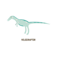 Dinosaur Velociraptor. Large extinct ancient carnivorous reptile, Jurassic. Colorful vector isolated illustration hand drawn. Cute blue dino card