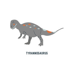 Tyrannosaurus rex dinosaur. Large extinct ancient carnivorous reptile, Jurassic. Colorful vector isolated illustration hand drawn. White background. Gray dino