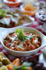 Turkish breakfast with tomato and egg
