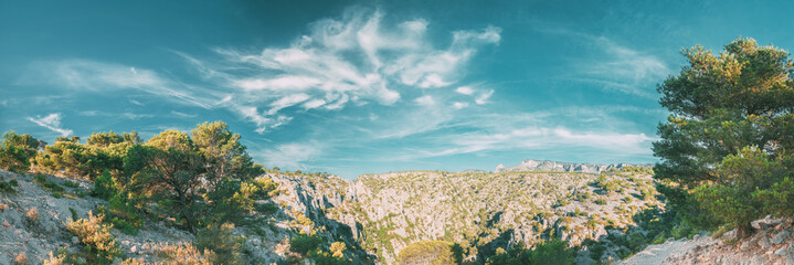 Fototapeta na wymiar Calanques, Cote de Azur, France. Beautiful nature of Calanques on the azure coast of France. Calanques - a deep bay surrounded by high cliffs. Landscape in sunrise light during Sunny summer morning