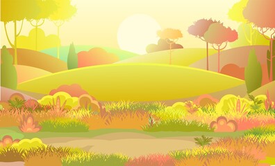Autumn rural beautiful landscape. Meadow with glade. Cartoon style. Hills with grass and red trees. Lush meadows. Cool romantic beauty. Flat design illustration. Vector graphics