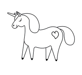 Vector flat cartoon hand drawn outline unicorn isolated on white background