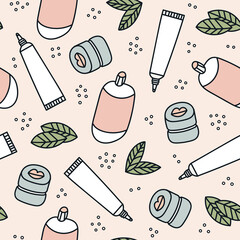 Flat hand drawn seamless pattern with cosmetics. Asian beauty products. Skin care concept.