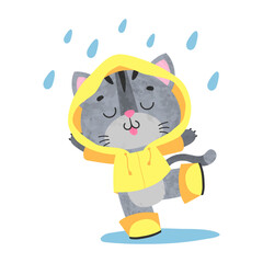 Cute gray kitty, kitten, cat with close eyes in yellow raincoat, coat, boots and rain isolated on white background. Vector illustration for postcard, banner, web, decor, design, arts, calendar.