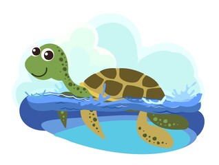 Turtle. Little landscape. Underwater life. Wild animals. Ocean, sea. Summer water. Isolated on white background. Illustration in cartoon style. Vector art