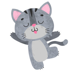 Cute dancing gray kitty, kitten, cat with big eyes, black stripes on white background. Vector illustration for postcard, banner, web, decor, design, arts, calendar.