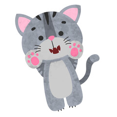 Cute lying gray kitty, kitten, cat with big eyes, black stripes on white background. Vector illustration for postcard, banner, web, decor, design, arts, calendar.