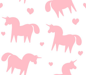 Vector seamless pattern of flat cartoon hand drawn unicorn silhouette isolated on white background