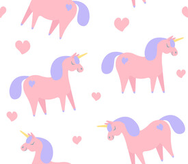 Vector seamless pattern of flat cartoon hand drawn unicorn isolated on white background