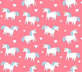 Vector seamless pattern of flat cartoon hand drawn unicorn isolated on pink background