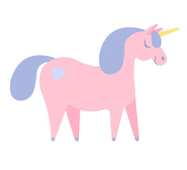 Vector flat cartoon hand drawn pink unicorn isolated on white background