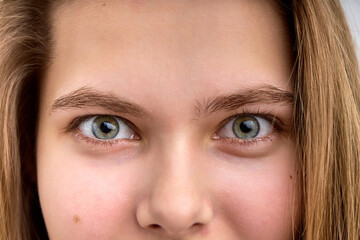 close-up Portrait of young woman with beautiful brown hair and blue eyes, girl is having perfect skin, looking at camera with big eyes, surprised. beauty, people concept