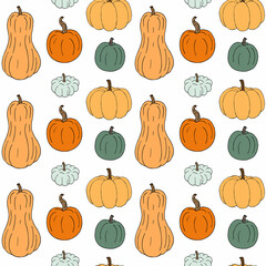 Vector seamless pattern of hand drawn doodle sketch colored pumpkin isolated on white background