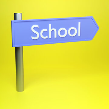 Realistic 3d illustration of road sign on yellow background. Back to school