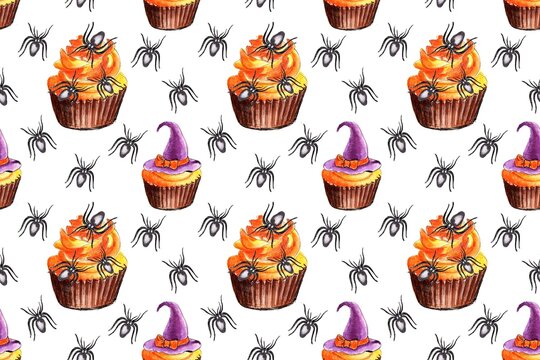Halloween seamless sweet pattern. Cupcake with cream and spiders. Watercolor hand painting illustration