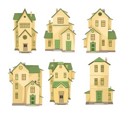 Cartoon yellow house. Set. A beautiful, cozy country house in a traditional European style. Collection of Cute funny homes. Isolated on white background. Vector