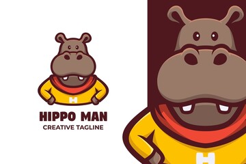 Cute Hippopotamus Cartoon Mascot Logo