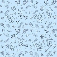 Floral seamless pattern on blue background, doodle style