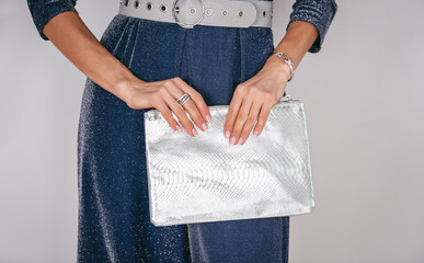 Women's silver clutch bag with snakeskin texture. Women's fashion accessories.Graceful hands in...