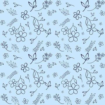 Floral seamless pattern on blue background, doodle style