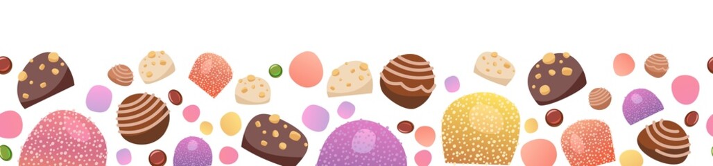 Sweets with hazelnuts. Nuts. Assorted dessert chocolate and marmalade. Candy caramel, jelly. Isolated. Bottom seamless border. Flat Background illustration. Vector