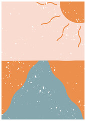 Abstract contemporary aesthetic backgrounds landscape with Sun, sea. Earth tones, pastel colors. Boho wall decor. Mid century modern minimalist art print. Flat abstract design.