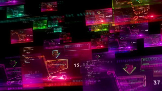 Online shopping with cart symbol on computer screens loop. Cyber business, ecommerce, mobile retail, buy and sell concept 3d loopable and seamless abstract. Camera flight between displays.
