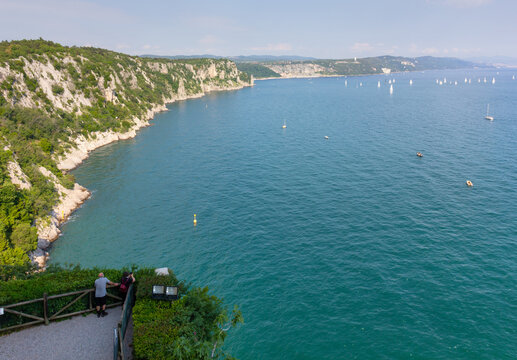 View on the Trieste coastline, Italy, near the Sistiana bay, from the park of the castle of Duino