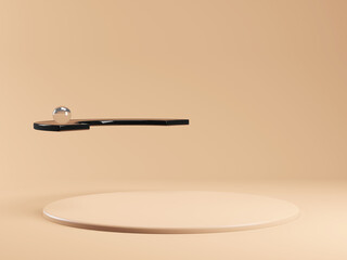 Beige 3d render pedestal for products. Template podium for cosmetics. Natural nude color and black plastic levitating under nude stage. Minimal empty stage.