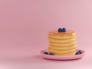 Pancakes and berries among colorful balls on background 3d rendering