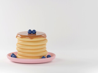 Pancakes and berries among colorful balls on background 3d rendering