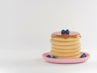 Pancakes and berries among colorful balls on background 3d rendering