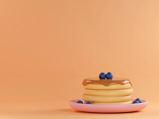 Pancakes and berries among colorful balls on background 3d rendering