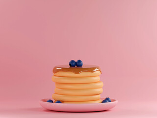 Pancakes and berries among colorful balls on background 3d rendering