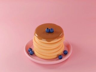 Pancakes and berries among colorful balls on background 3d rendering