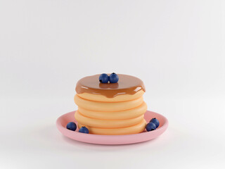 Pancakes and berries among colorful balls on background 3d rendering