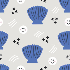 Flat hand drawn seamless pattern with little cute pearls and sea shells.