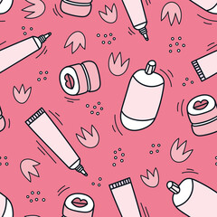 Flat hand drawn seamless pattern with cosmetics. Asian beauty products. Skin care concept.
