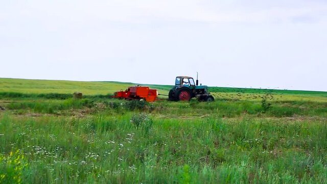 A blue tractor with a red canopy rides across the field