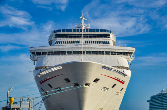 Bow angle of Cruise ship in port on clear day in summer
