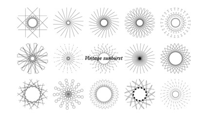 Vintage vector set of sun rays, light rays, sun rays. Design elements, linear drawing, vintage style, a concept for creativity. Vector illustration