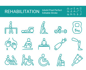 Set of icons of rehabilitation. Editable vector stroke. 64x64 Pixel Perfect.