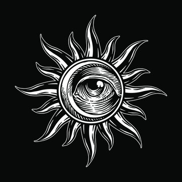 Hand drawn The Eye of  sun and moon, engraving style, nice for tattoo, t-shirt, patch, sticker, emblem, etc.