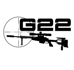 G22 special Sniper rifle, long range rifle with line drawing visor and G22 model name in large letters of the Bundeswehr, Armed forces Military of Germany. silhouette 