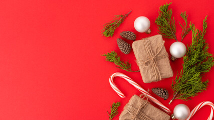 Christmas gifts on a red background. Other attributes of Christmas and New Years. Red background....