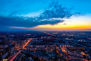 Fototapeta premium A bird's eye view of the modern district of the city of Togliatti in the evening after sunset.