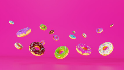 Falling glazed donuts with sprinkles, on a pink background. Banner design for a candy store. A set of different donuts, 3d illustration