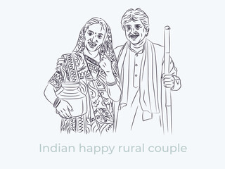 Indian happy rural couple, daily lifestyle in rural village line art illustration