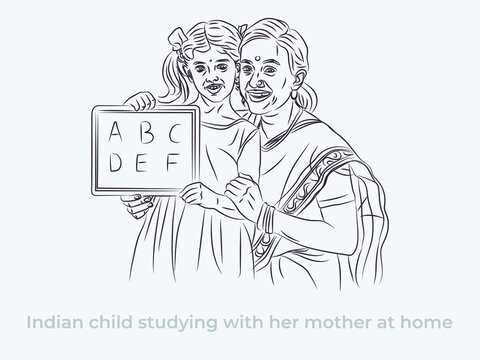 Indian child studying with her mother at home line art illustration