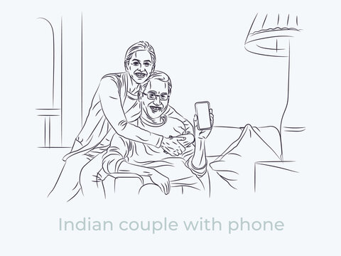 Happy Indian couple with phone line art illustration